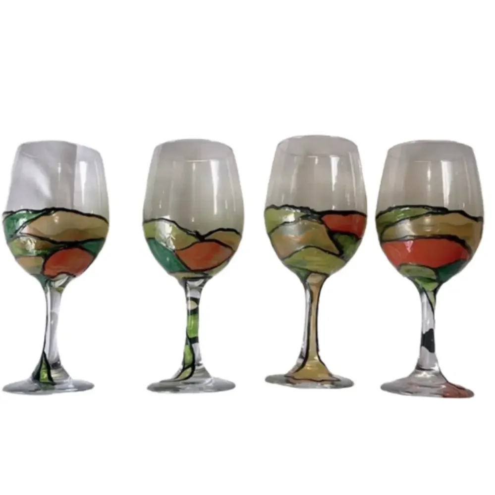 Set of four hand painted stain glass style wine goblets